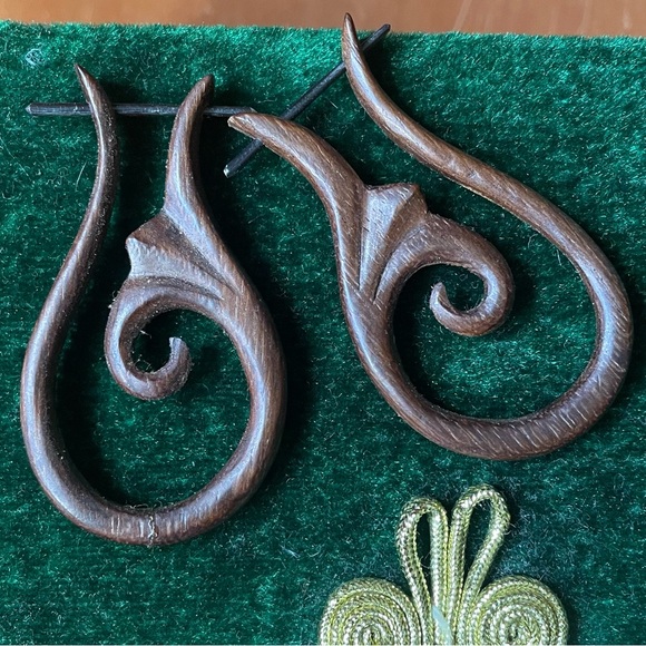 Natural Dark Wood Bohemian Statement Earrings - Picture 2 of 8